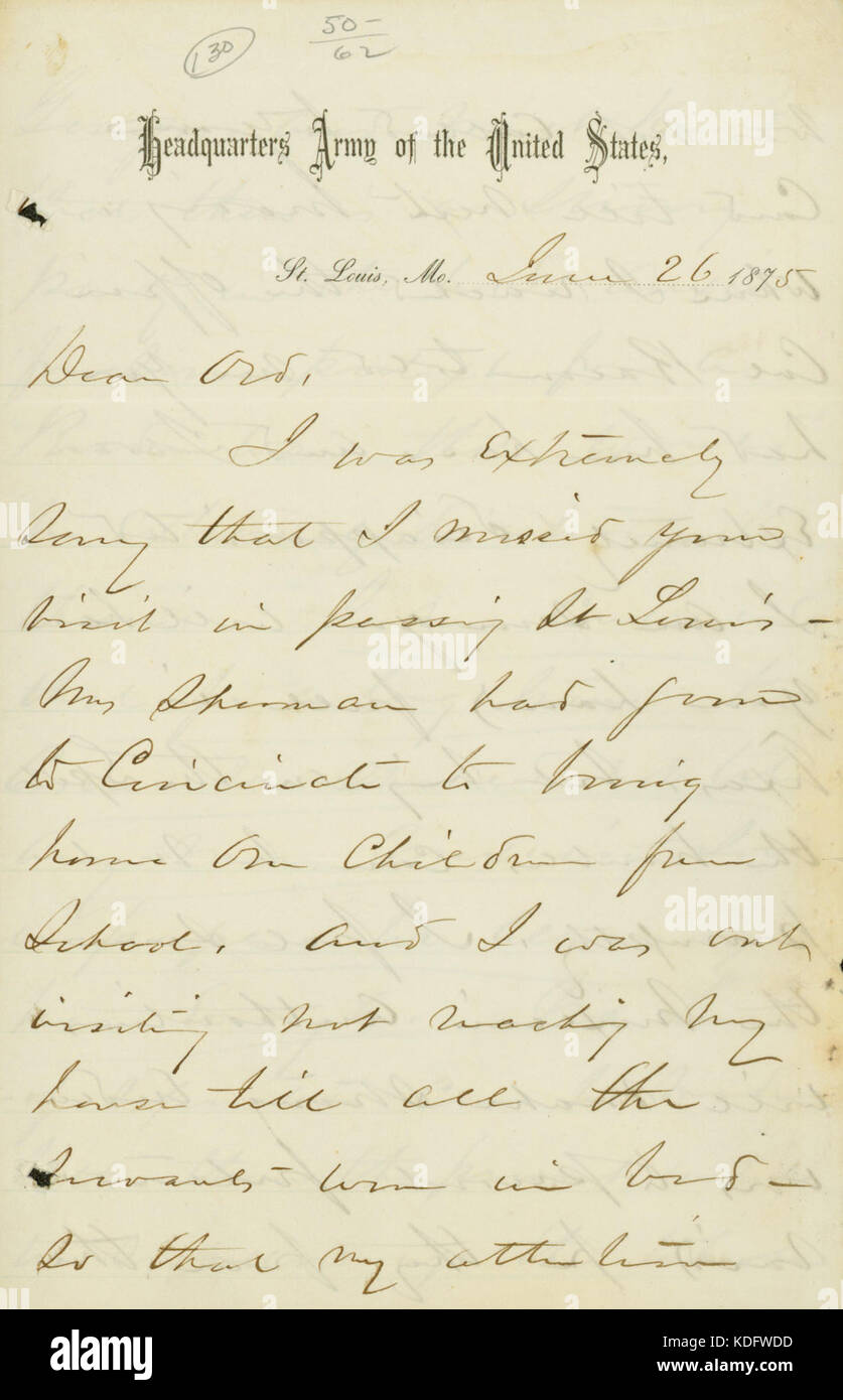 Lettera firmata W.T. Sherman (E.O.C.) Ord, 26 giugno 1875 Foto Stock