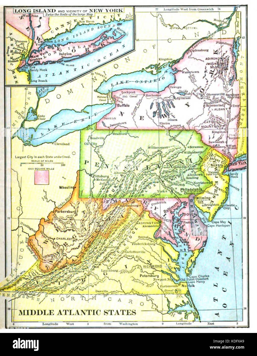 Questa mappa, parte della collezione Maury Geography, si concentra sulla regione del Medio Atlantico degli Stati Uniti, fornendo informazioni geografiche sul paesaggio e sulle divisioni politiche dell'area. Foto Stock