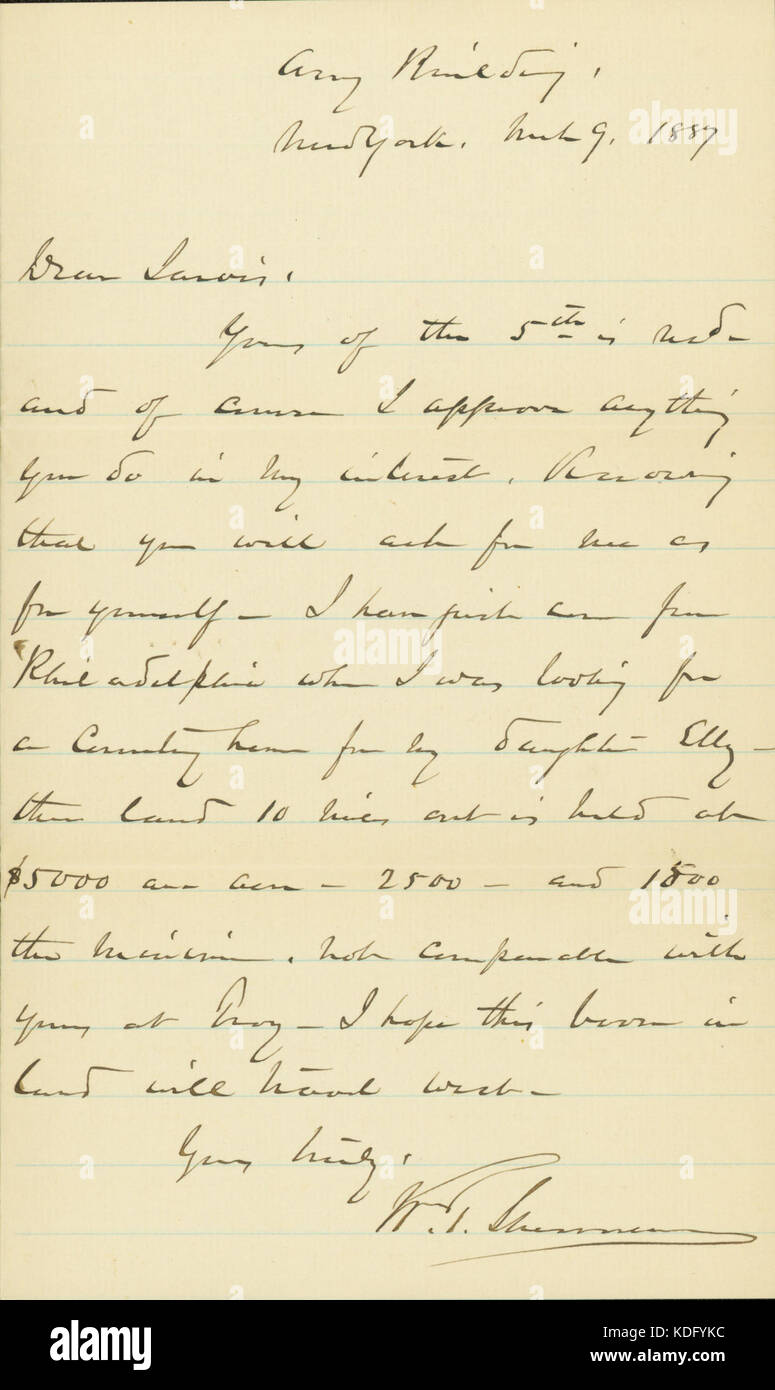 Lettera firmata W.T. Sherman, Esercito Building, New York, (W.W.) Jarvis, 9 marzo 1887 Foto Stock
