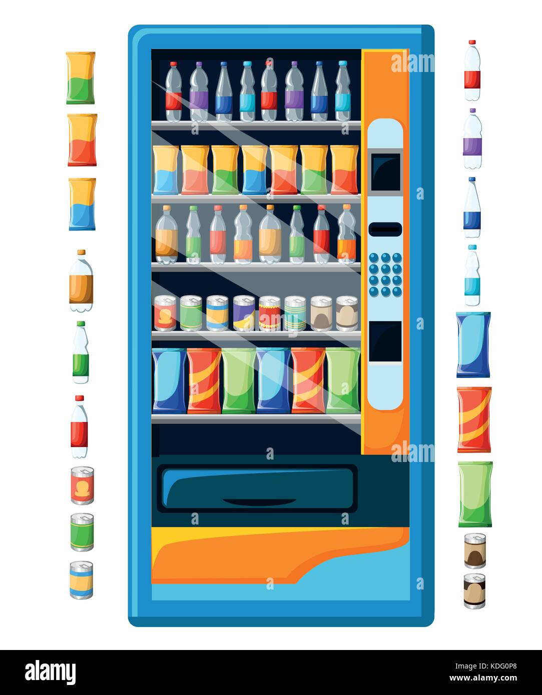 Vintage vending machine poster pubblicitario con spuntini e drinks set di confezionamento di prodotti alimentari e bevande macchine distributrici set design stilizzato illustrat vettore Illustrazione Vettoriale