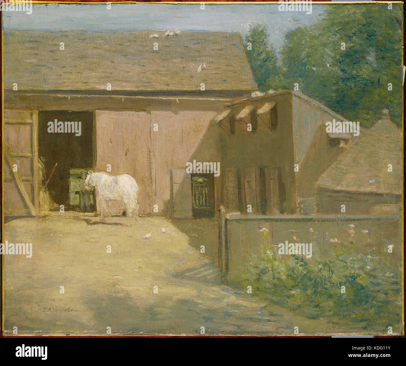 Il "New England Barnyard" di Julian Alden Weir è un'opera d'arte che raffigura la vita rurale del New England. Il pezzo cattura l'essenza dei paesaggi agricoli e della vita quotidiana nella regione, esposta attraverso il Google Art Project. Foto Stock
