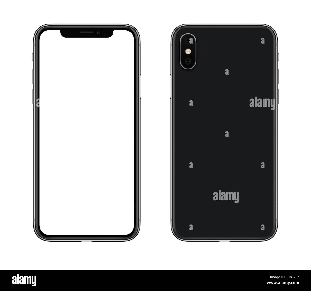 Smartphone mockup simile a iPhone X lato anteriore e posteriore. Nuovo e moderno nero smartphone prive di telaio mockup con schermata bianca vuota e il lato posteriore. Foto Stock