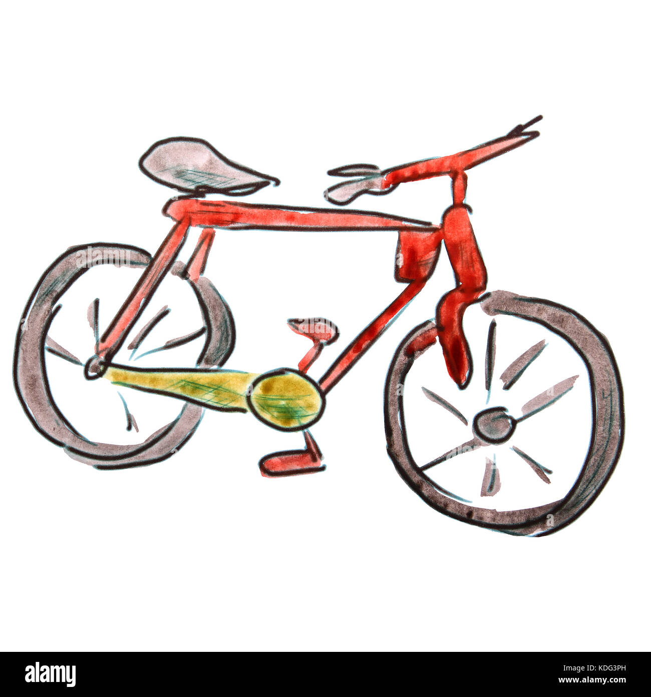 Acquerello disegno animato bicicletta rosso isolato su sfondo bianco Foto Stock