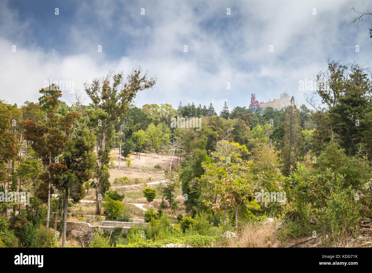 Paesaggio estivo con pena palace sulla sommità delle montagne di Sintra. comune di Sintra, Portogallo Foto Stock