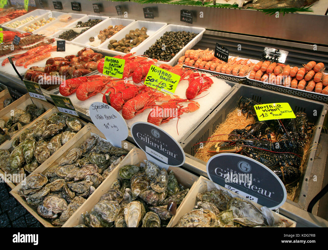 Mercato del pesce in stallo in Francia con una varietà di pesce e frutti di mare in offerta con i cartellini dei prezzi Foto Stock