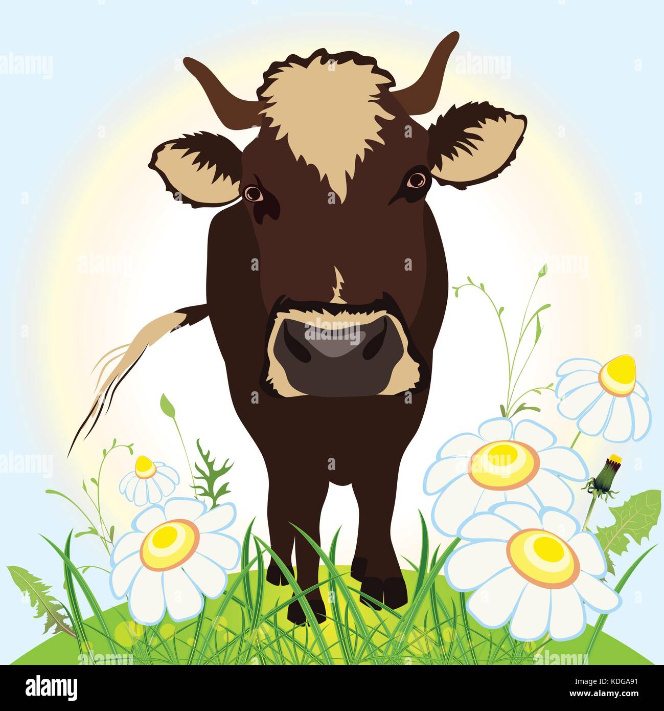 Mucca in campo verde, erba e fiori, illustrazione vettoriale Illustrazione Vettoriale