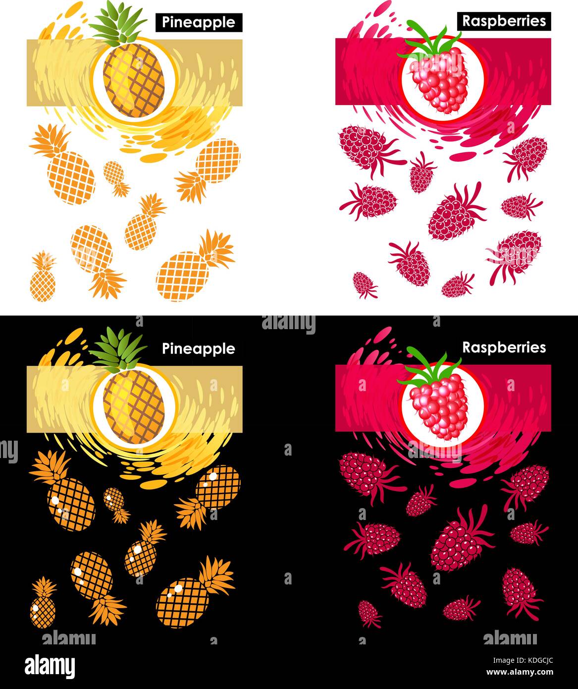 Imposta etichetta icona della frutta in bianco e nero, pattern lampone e ananas, splash sfondo Illustrazione Vettoriale