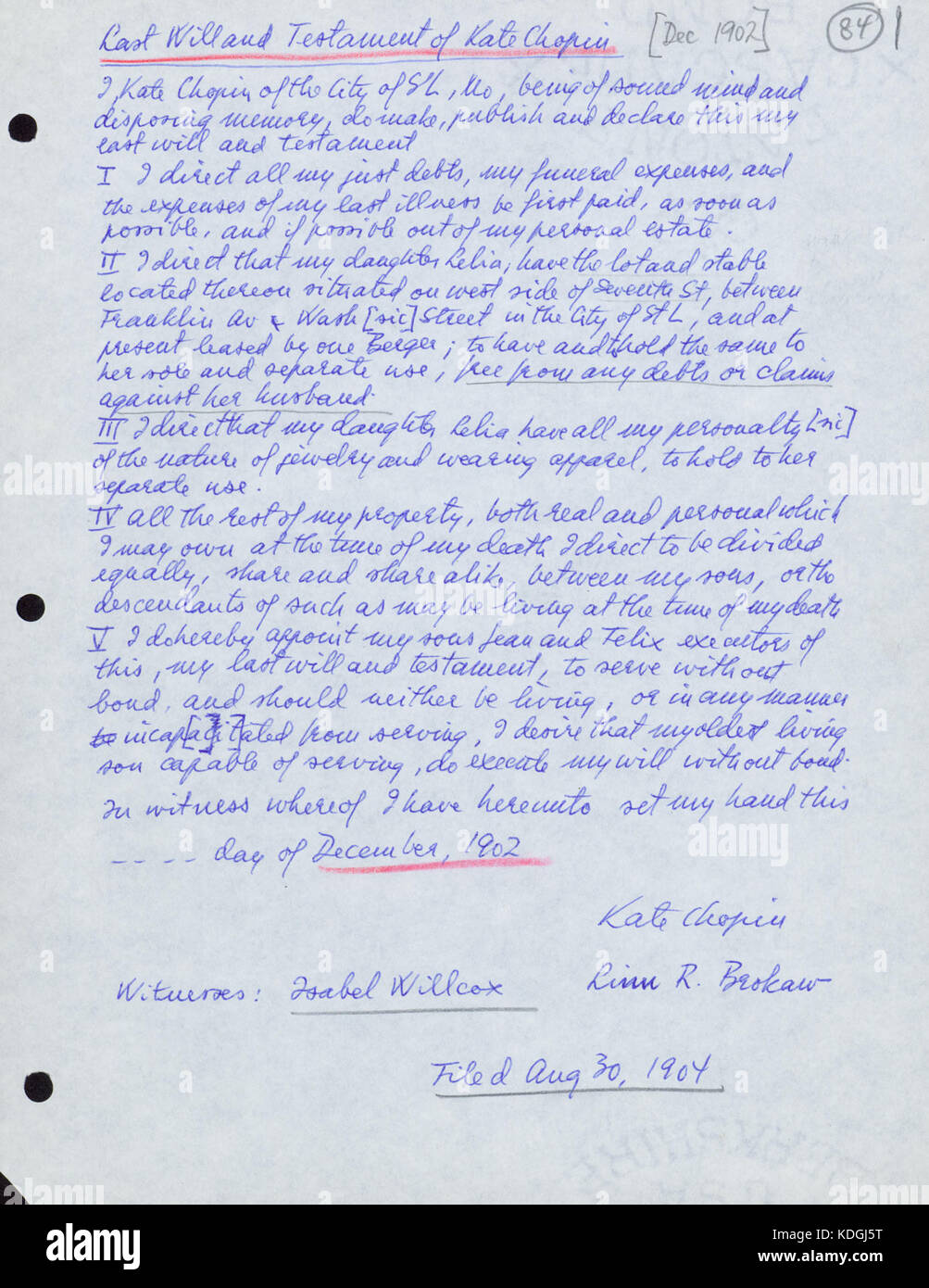 Ultima volontà e il testamento di Kate Chopin (copia manoscritta da Per Seyersted), Dicembre 1902 Foto Stock