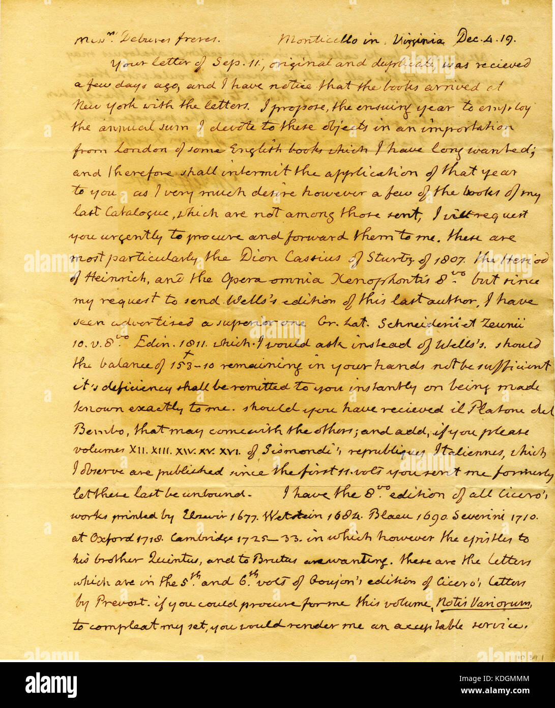 Lettera firmata Thomas Jefferson, Monticello, Virginia, ai sigg. Debure freres, Libraires du Roi, Parigi (Debure fratelli del re libreria), 4 Dicembre 1819 Foto Stock