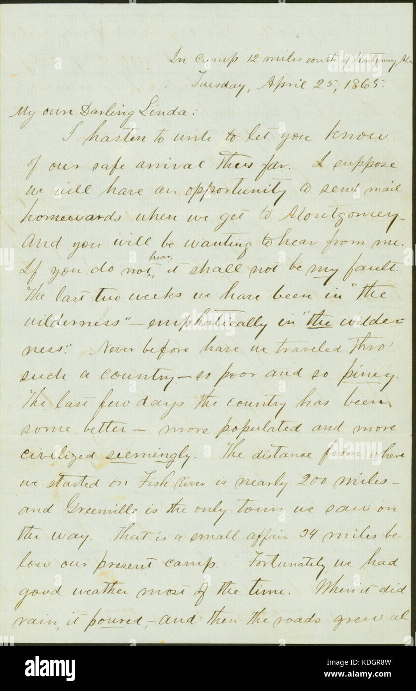 Lettera firmata M. J. Miller, nel campo 12 miglia a sud di Montgomery, Ala, a Linda, 25 aprile e 29, 1865 Foto Stock