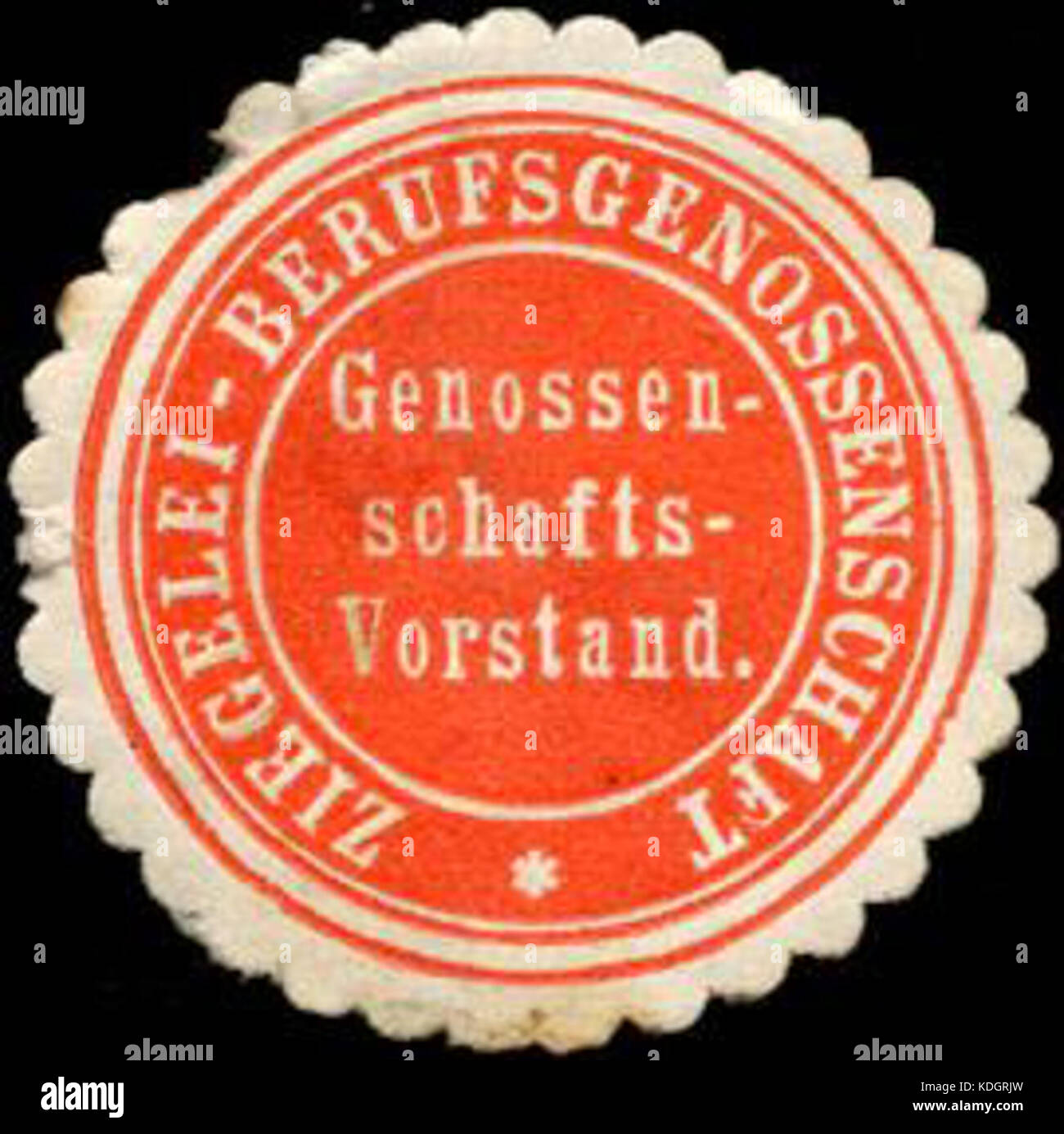 Questo sigillo rappresenta la Ziegelei Berufsgenossenschaft, una gilda o associazione legata alla muratura in Germania. Simboleggia il governo collettivo dei muratori e il loro ruolo nel commercio. Foto Stock