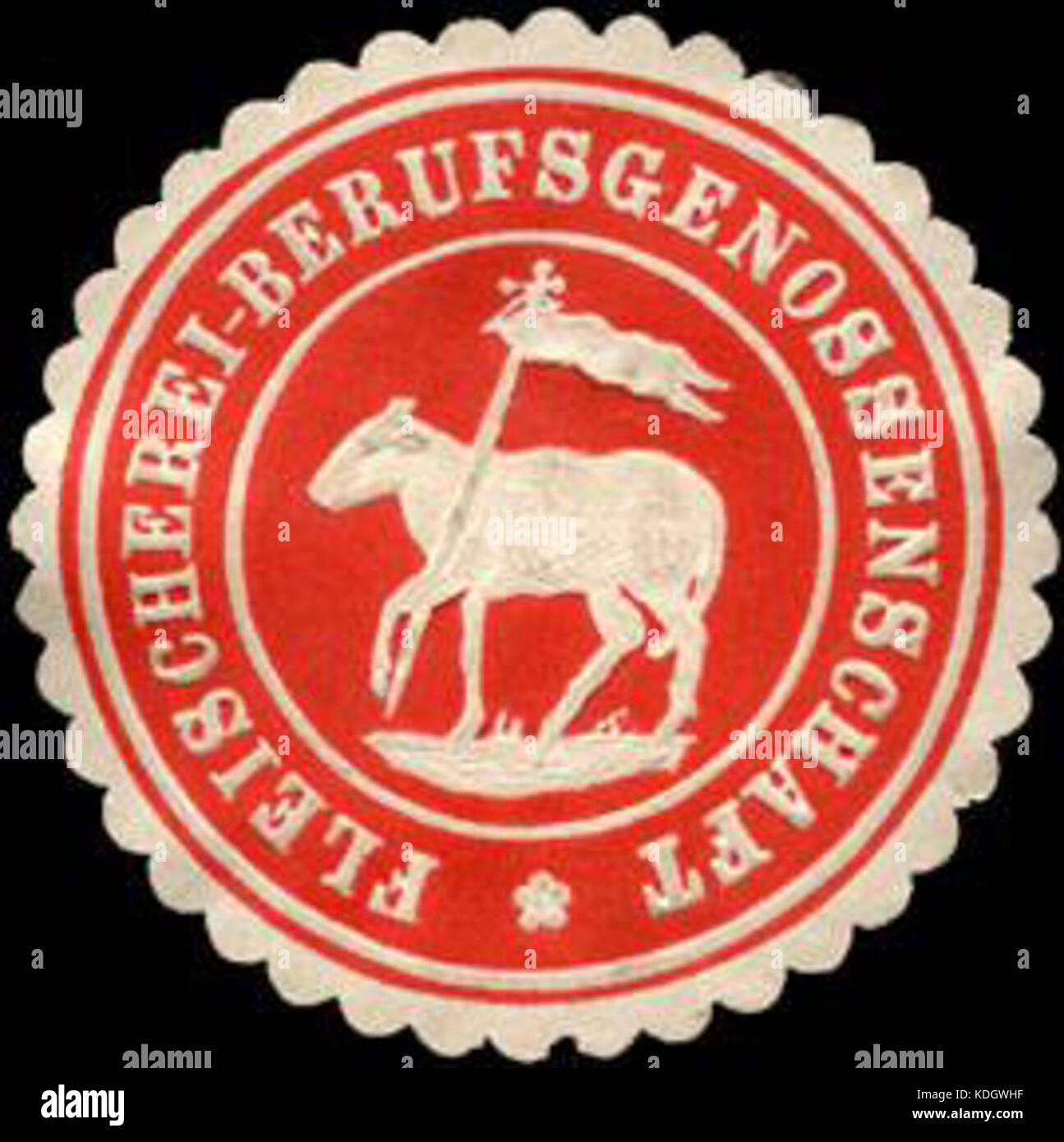 Questa immagine raffigura il sigillo storico della "Fleischerei Berufsgenossenschaft", un'associazione tedesca di macellai, utilizzata per i documenti ufficiali. Foto Stock