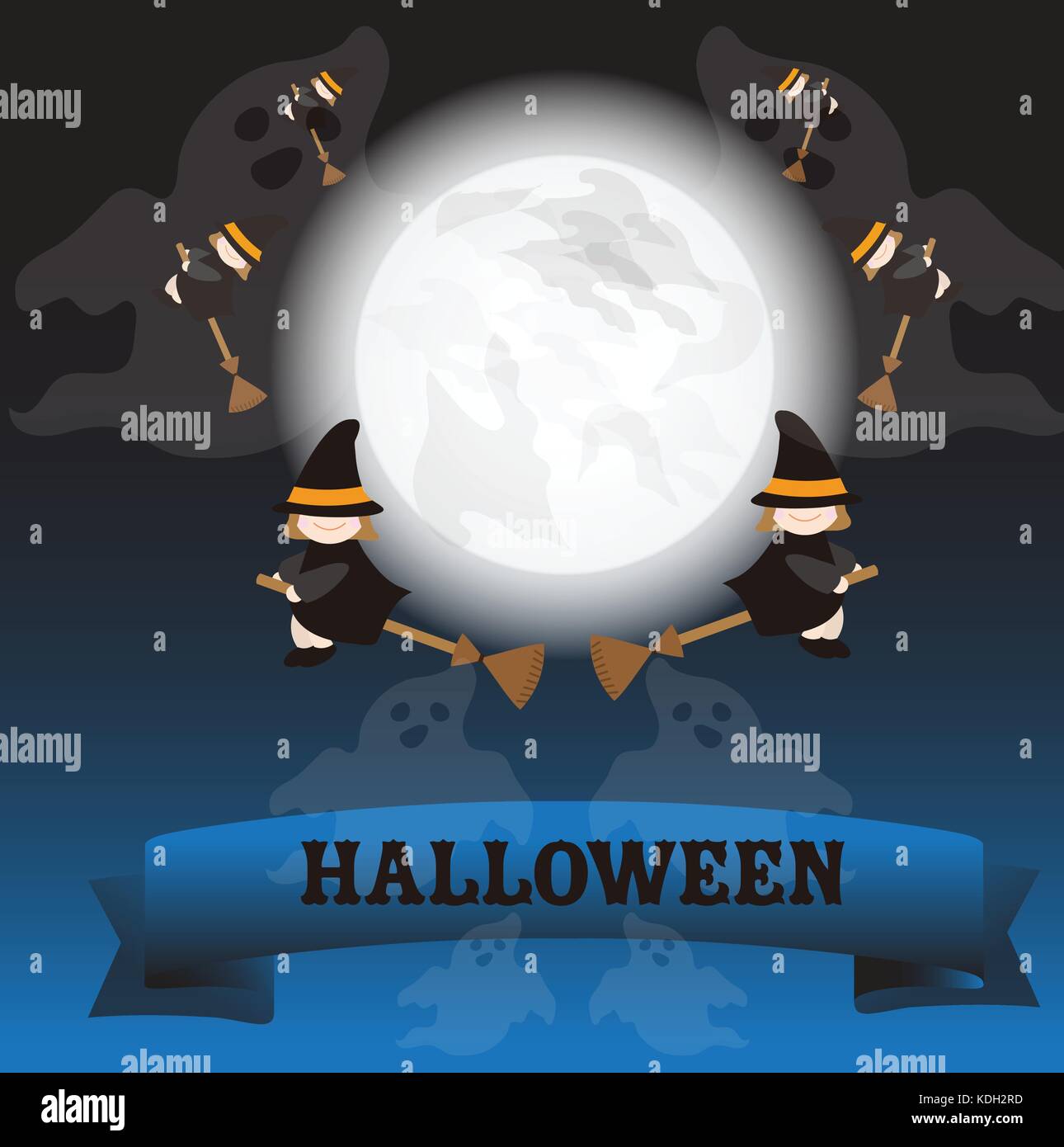 Halloween notte di luna piena e fantasma sullo sfondo della strega ,cartone animato e divertente spettacolo ,può essere applicata per sfondo,SCHEDE,poster,stampa o sfondo. invitare. Illustrazione Vettoriale