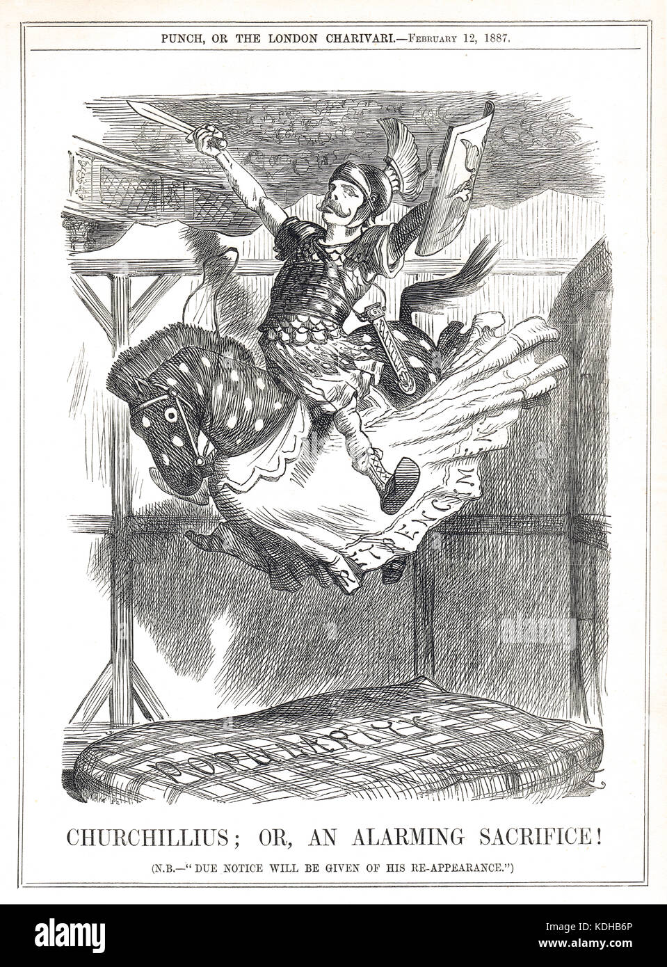 Randolph Churchill come soldato romano Churchillius, cavalcando il suo ritaglio a cavallo su un letto di popolarità. 1887 cartone animato Punch Foto Stock