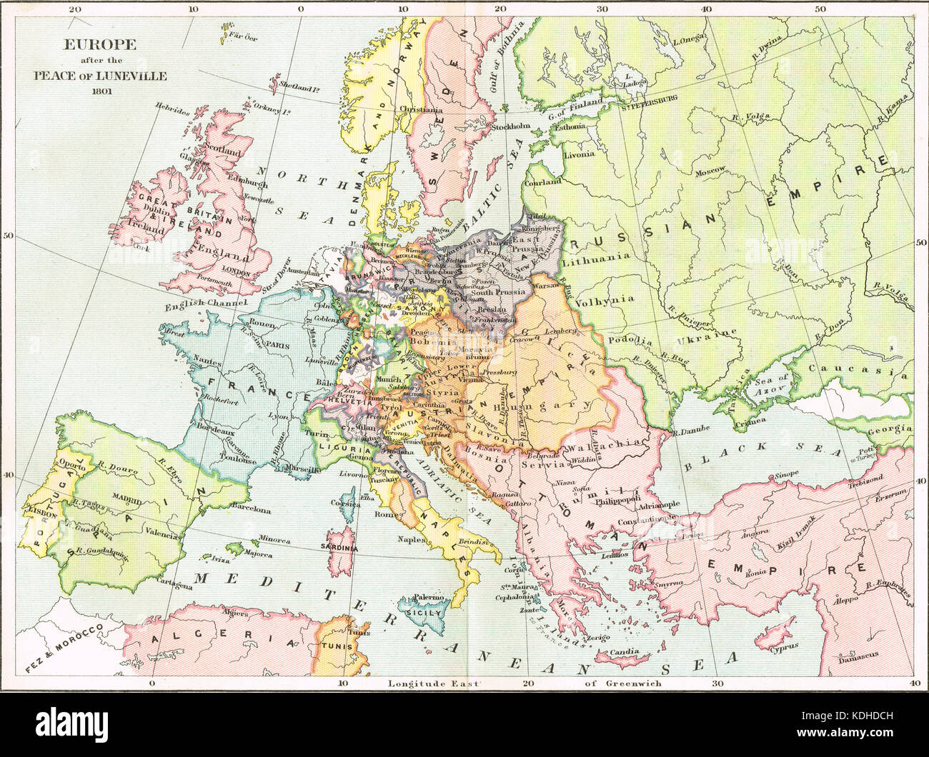 Mappa d'Europa dopo la pace di Luneville, 1801 Foto Stock