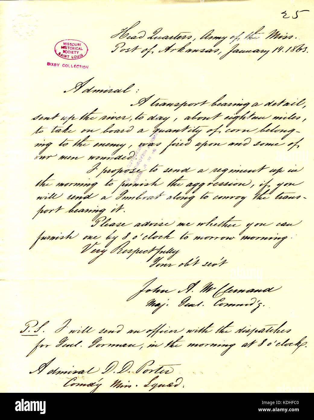 Lettera di Giovanni A. McClernand, sede, Esercito del Mississippi, Post di Arkansas, (David D.) Porter, Gennaio 14, 1863 Foto Stock