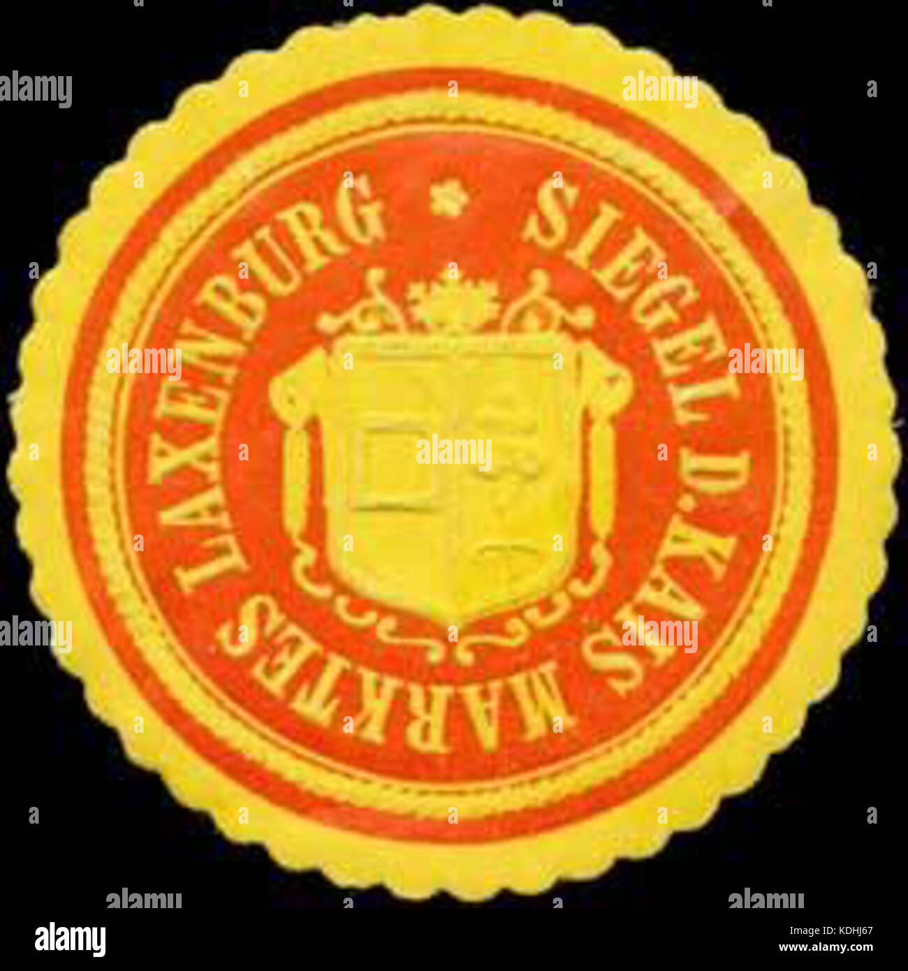 Questo è il sigillo del mercato imperiale di Laxenburg, che rappresenta il suo status ufficiale e la sua funzione nel commercio storico durante il periodo imperiale. Segna il ruolo del mercato nel commercio regionale. Foto Stock