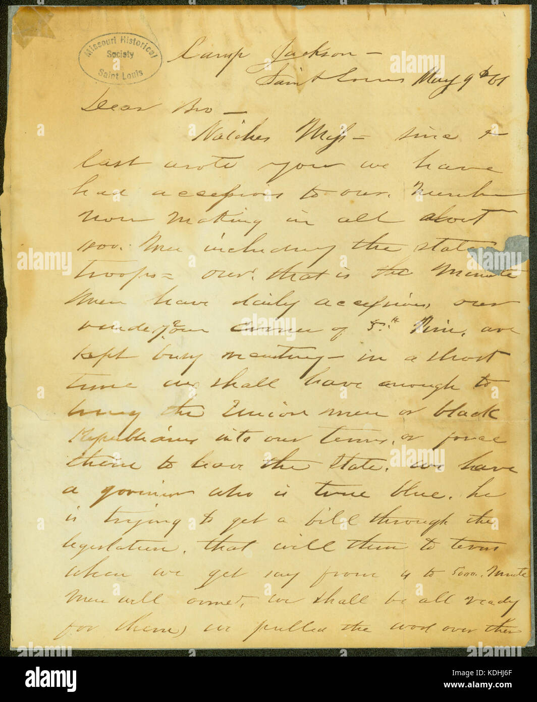 Lettera firmata G.W., Camp Jackson, St. Louis, Bro, 9 maggio 1861 Foto Stock
