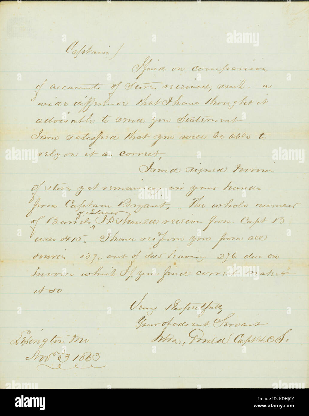 Lettera firmata il capitano John Gould, Lexington, Mo., (a Thomas Allin), 3 novembre 1863 Foto Stock