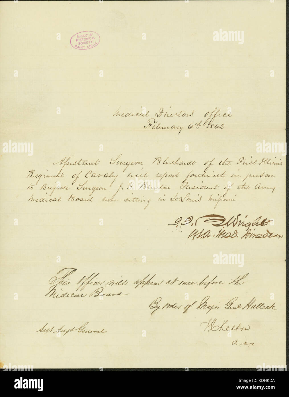 Ordine per quanto riguarda assistente chirurgo Bluthardt (Theodore J. Bluthardt) dal direttore medico dell'ufficio, firmato I.I.B. Wright e J.C. Keeton, 6 febbraio 1862 Foto Stock