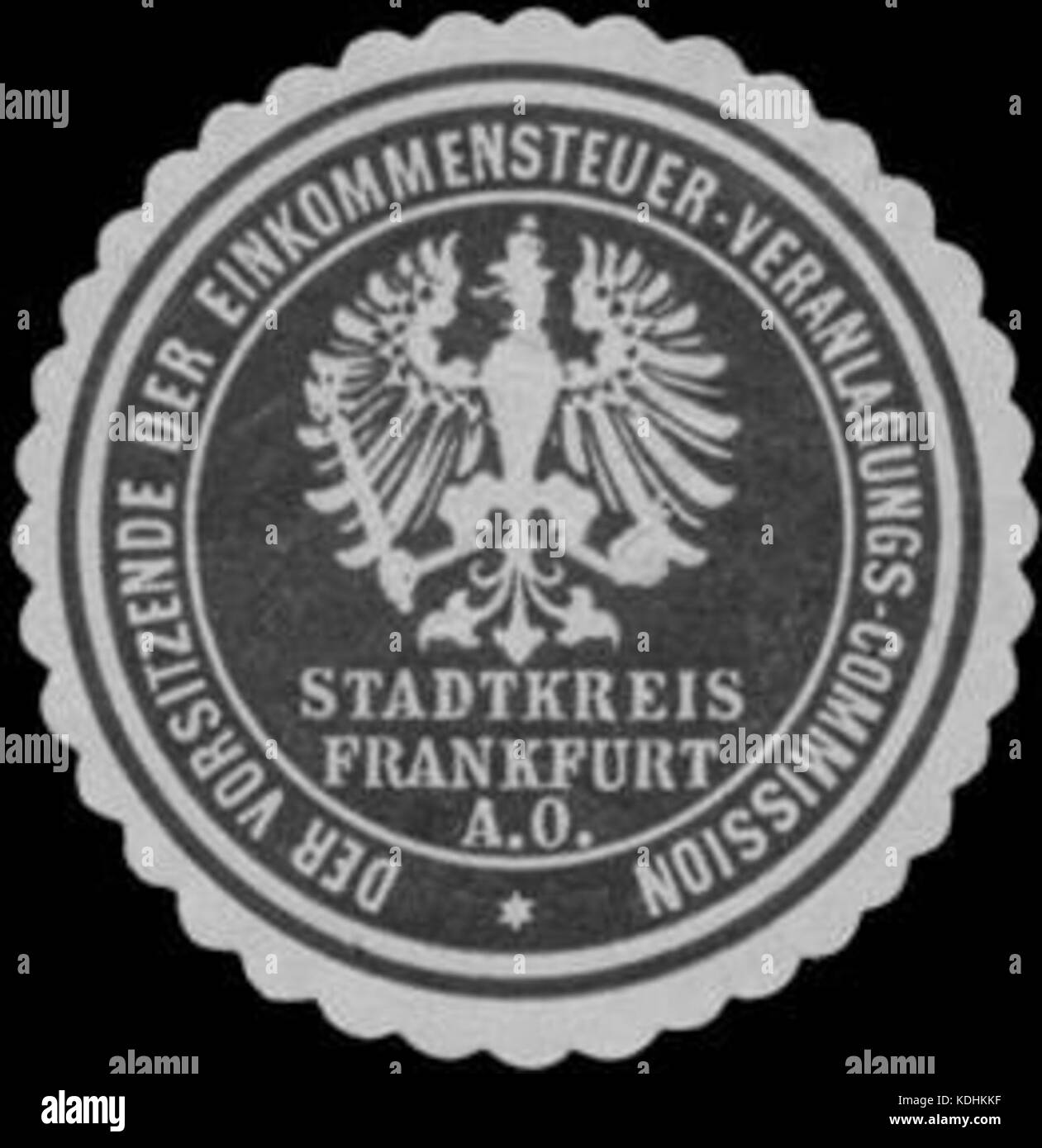 Siegelmarke Der Vorsitzende der Einkommensteuer Veranlagungs Commissione Stadtkreis Francoforte sull'Oder W0338743 Foto Stock