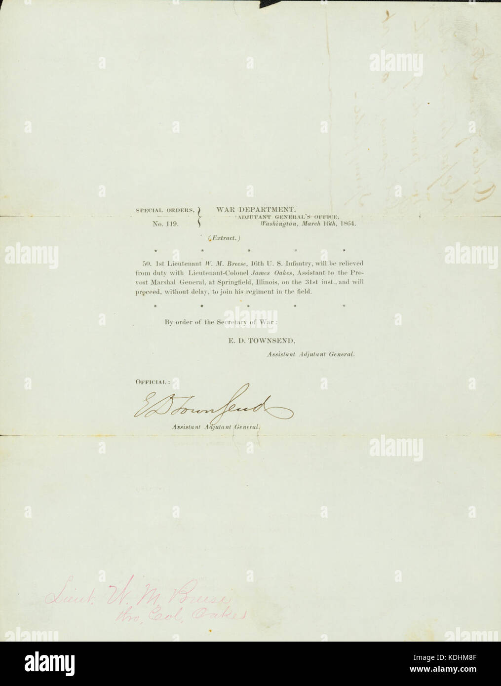Ordini speciali, n. 119, firmato E.D. Townsend, Dipartimento di guerra, Aiutante Generale dell'Ufficio, Washington, 16 marzo 1864 Foto Stock
