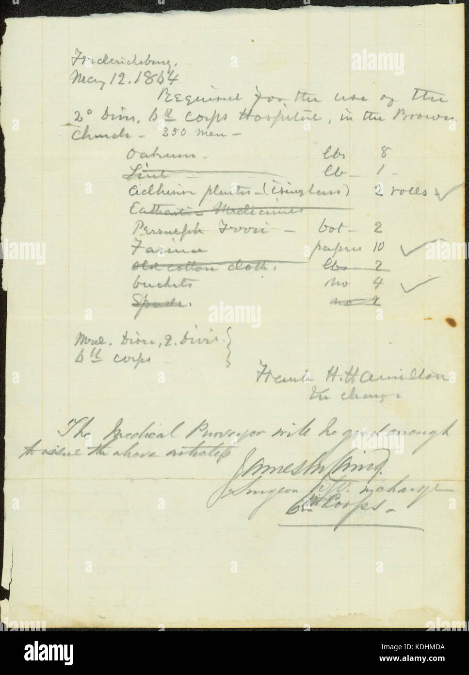 Richiesta di materiali di consumo, firmata Frank H. Hamilton, 12 maggio 1864 Foto Stock