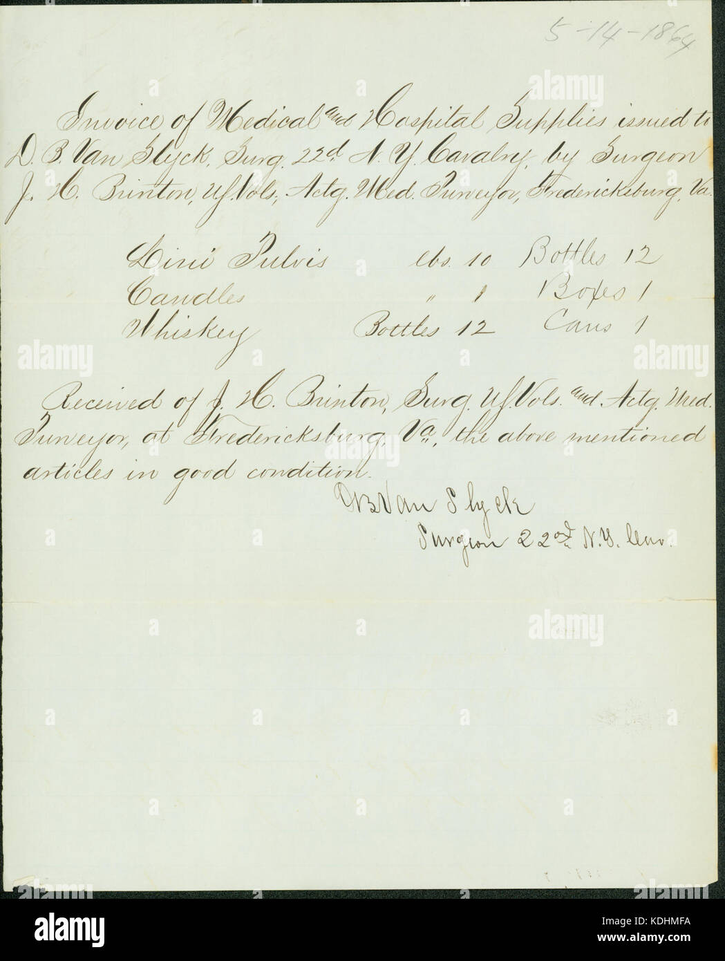 La fattura del medico e forniture ospedaliere, firmato D.B. Van Slyck, 14 maggio 1864 Foto Stock