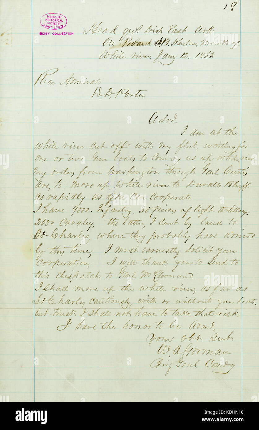 Lettera da W. A. Gorman, sede, Est Dist. Arkansas, a bordo del battello a vapore Kenton, la bocca del Fiume Bianco, (David D.) Porter, Gennaio 12, 1863 Foto Stock
