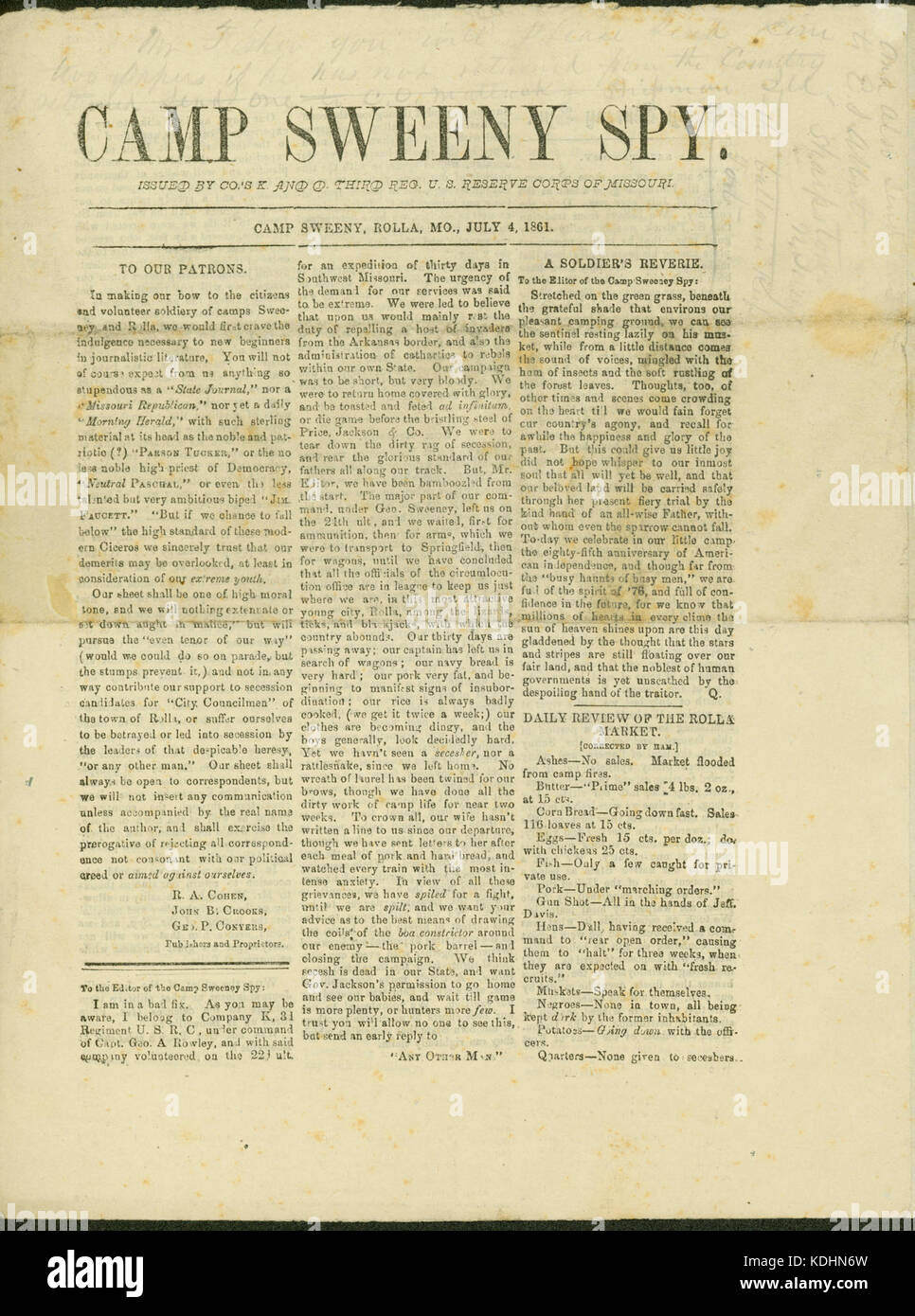 Problema quotidiano ofCamp Sweeney Spy,emessi da società D e K, 3° U.S.R.C. (3 mesi), 4 Luglio 1861 Foto Stock
