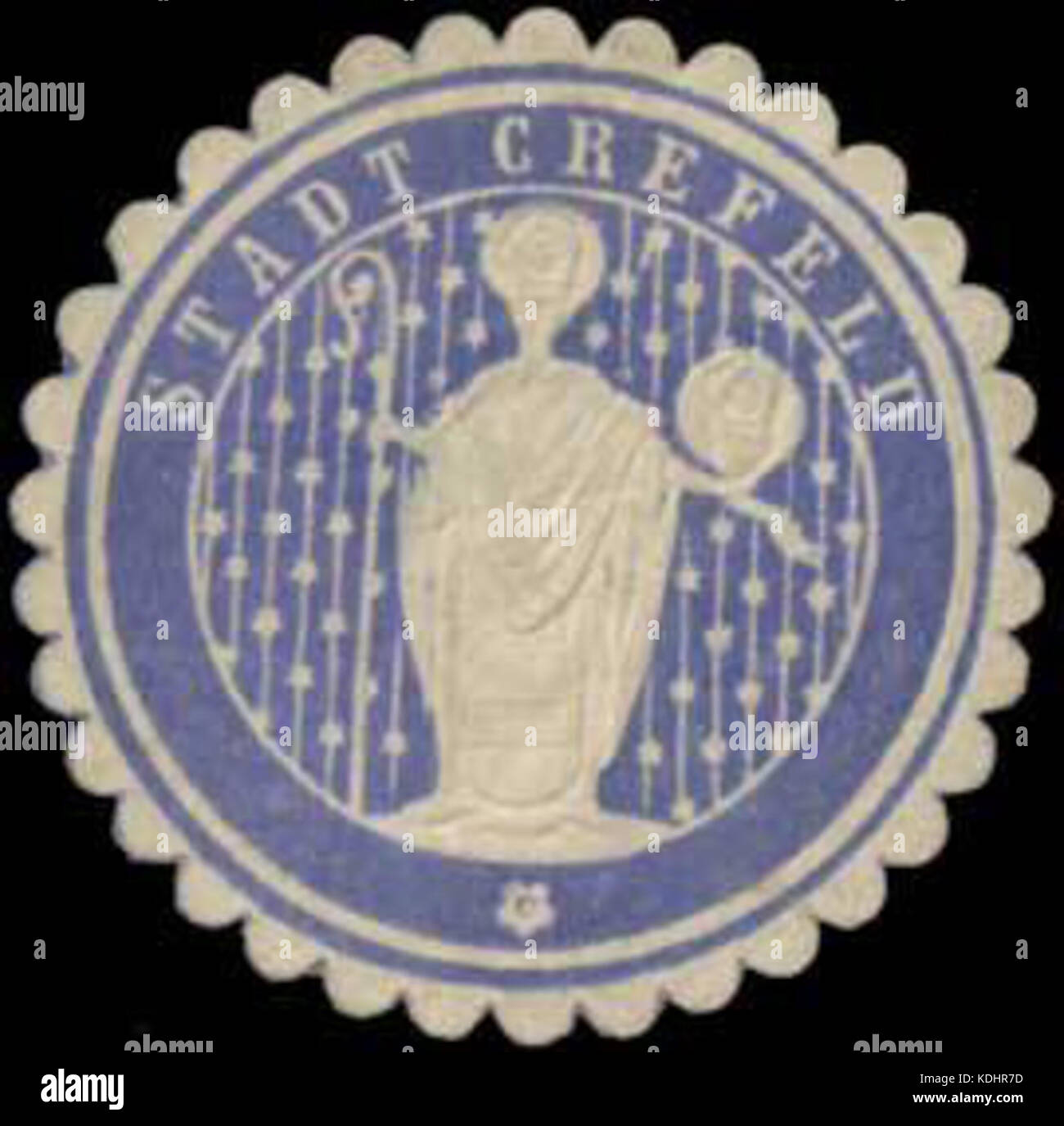 Un'immagine di uno storico Siegelmarke (sigillo o marchio) della città di Crefeld, probabilmente una rappresentazione visiva di un emblema civico o industriale utilizzato per l'identificazione in passato. Lo specifico Siegelmarke W03633382 funge da artefatto storico, potenzialmente legato alle attività commerciali o manifatturiere della città in tempi precedenti. Foto Stock