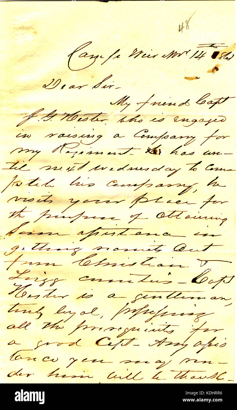 Lettera da J. M. Shackelford a C. F. Smith, Paducah, Kentucky, Novembre 14, 1861 Foto Stock