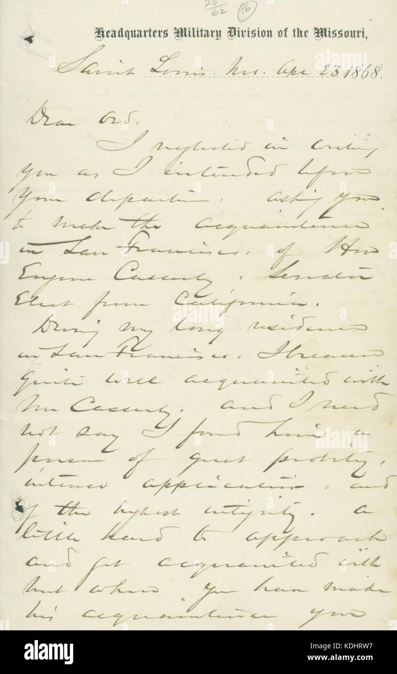 Lettera da W. T. Sherman (E. O. C.) Ord chiedendo Ord, 23 aprile 1868 Foto Stock