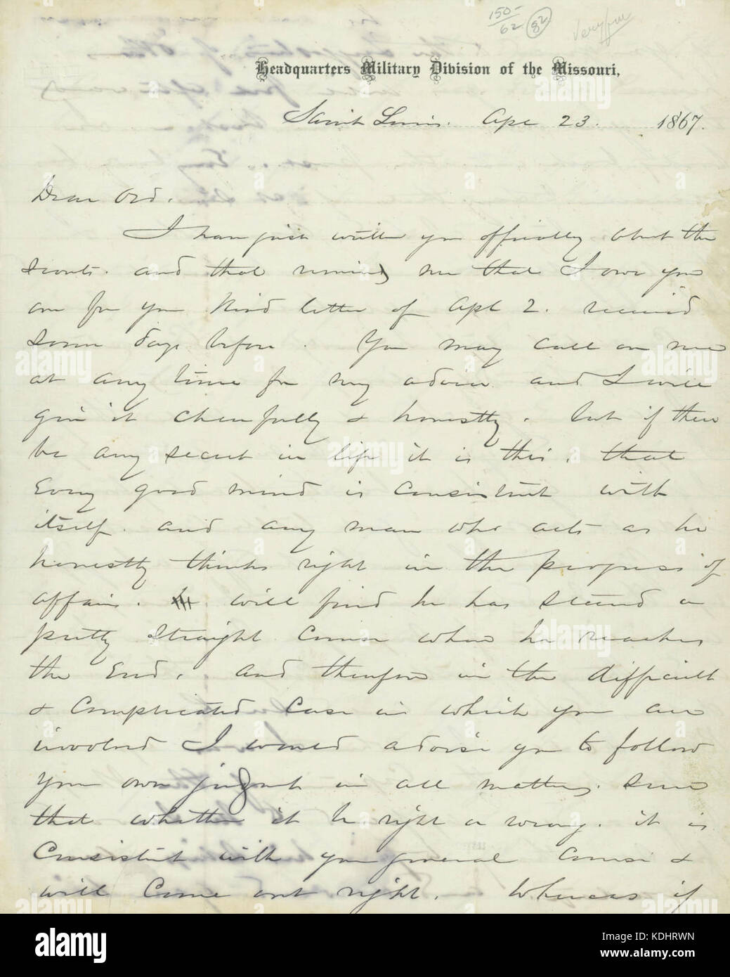 Lettera firmata W.T. Sherman (E.O.C.) Ord, 23 aprile 1867 Foto Stock
