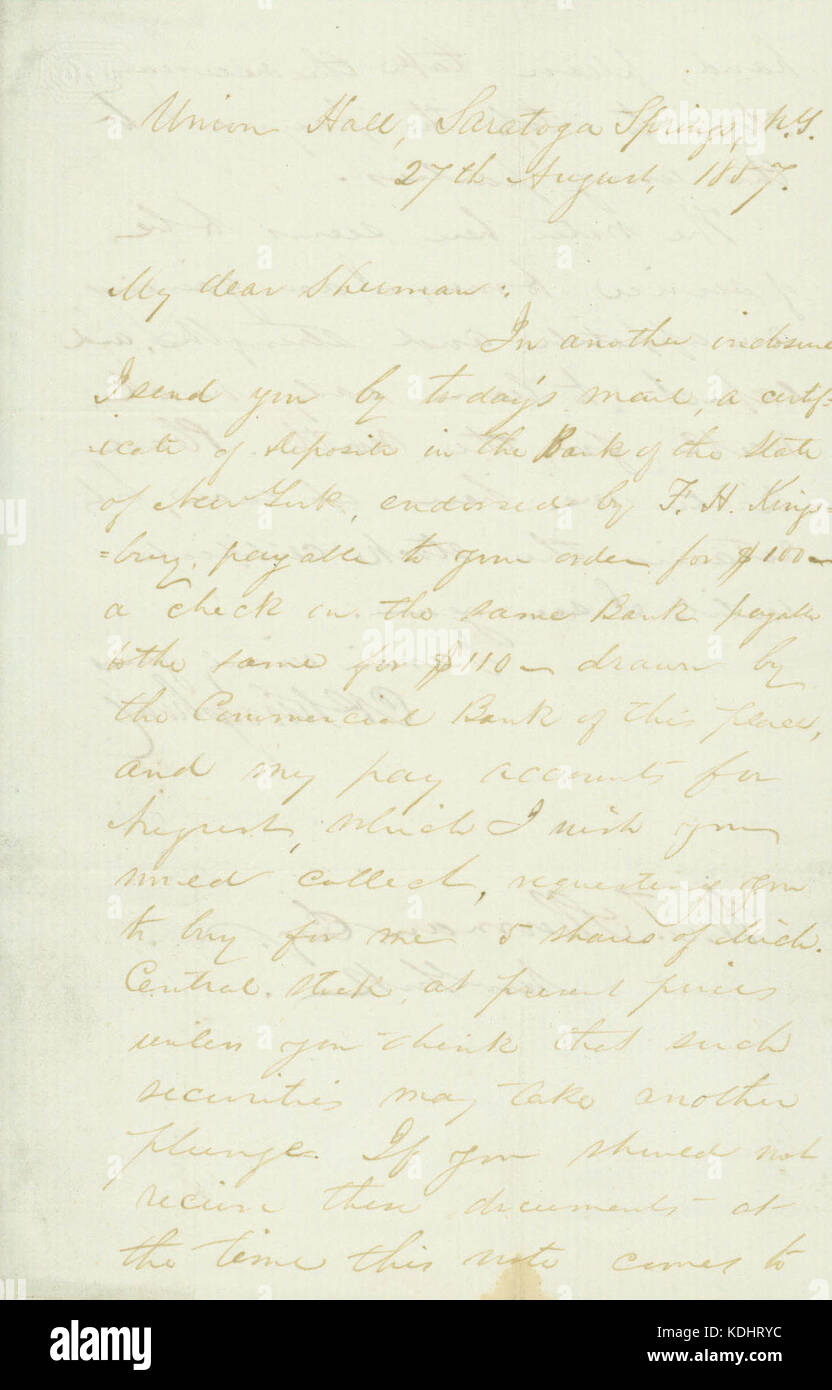 Lettera firmata C.P. Kingsbury, Unione Hall, molle di Sarasota, N.Y., di W.T. Sherman, New York, 27 agosto 1857 Foto Stock