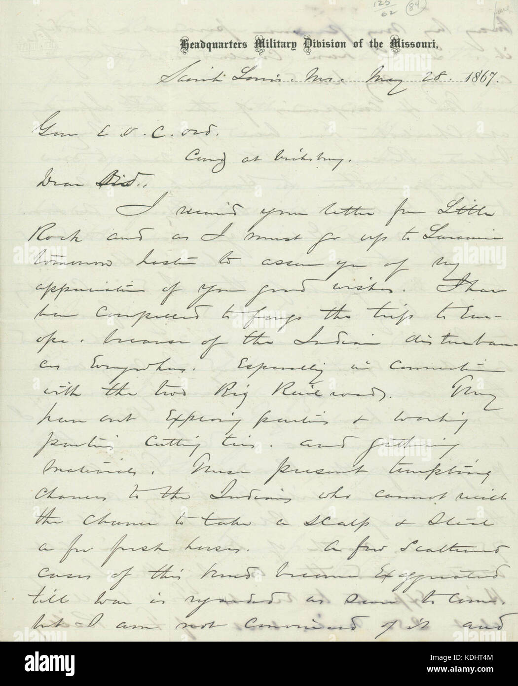 Lettera firmata W.T. Sherman, St. Louis, a (E.O.C.) Ord, 28 maggio 1867 Foto Stock