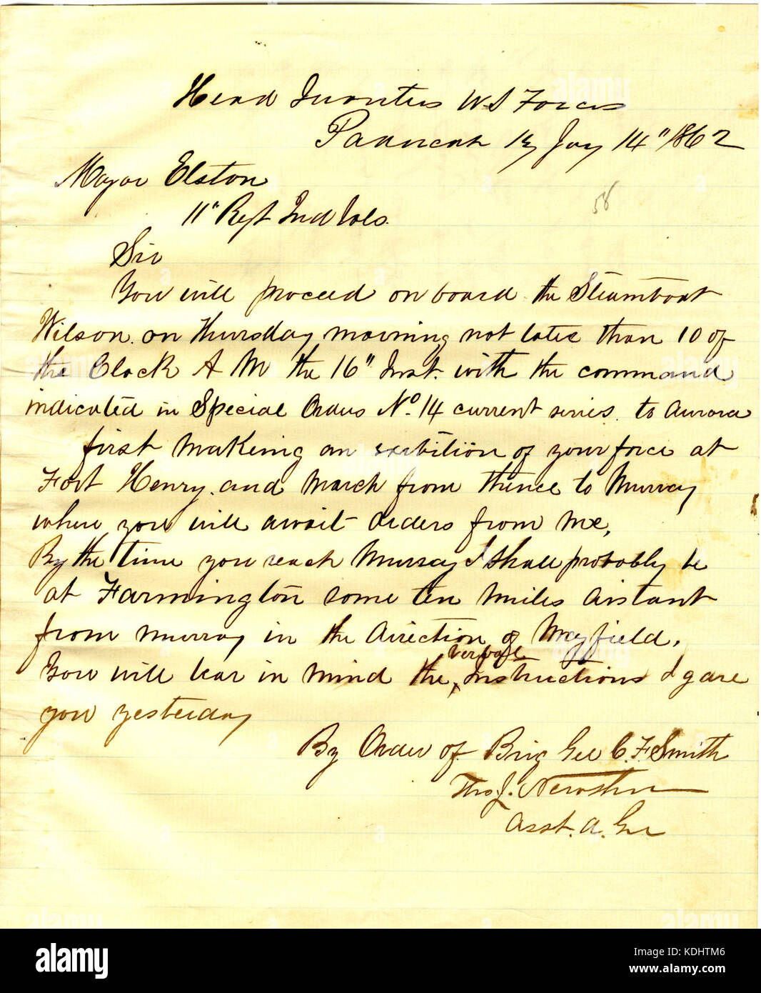 Lettera da C. F. Smith, Paducah, Kentucky, il Mag. Malmaison, undicesimo Indiana di Fanteria, 14 Gennaio 1862 Foto Stock