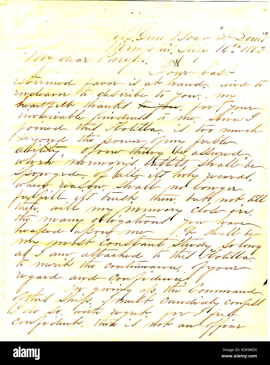 Lettera dell'era della guerra civile datata 16 luglio 1862, di W. McGunnegle a bordo della U.S.S. St. Louis a Memphis, Tennessee, indirizzata all'ufficiale di marina Seth Ledyard Phelps. Foto Stock