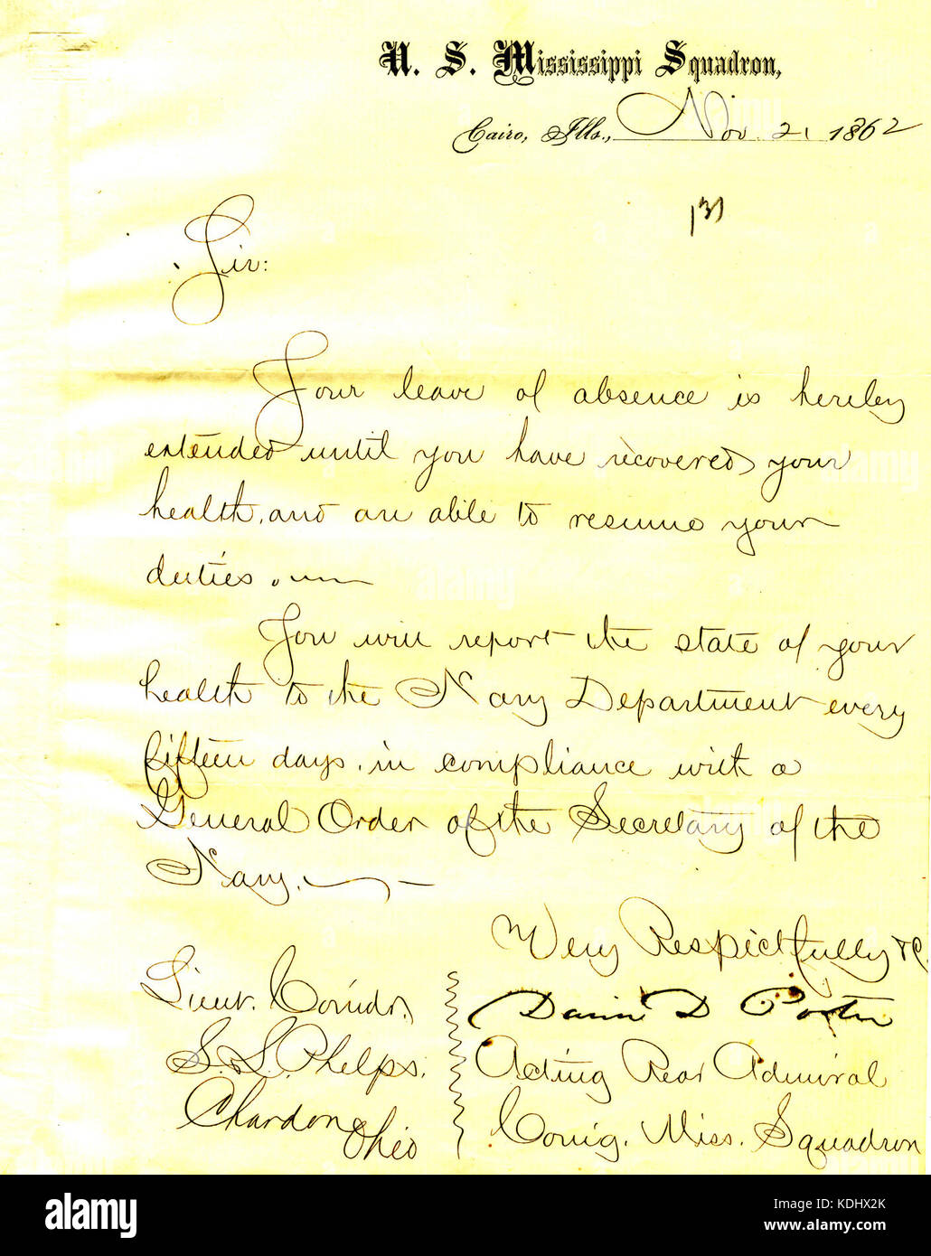 Lettera da David D. Porter, Cairo, Illinois, a Seth Ledyard Phelps, Chardon, Ohio, 2 novembre 1862 Foto Stock