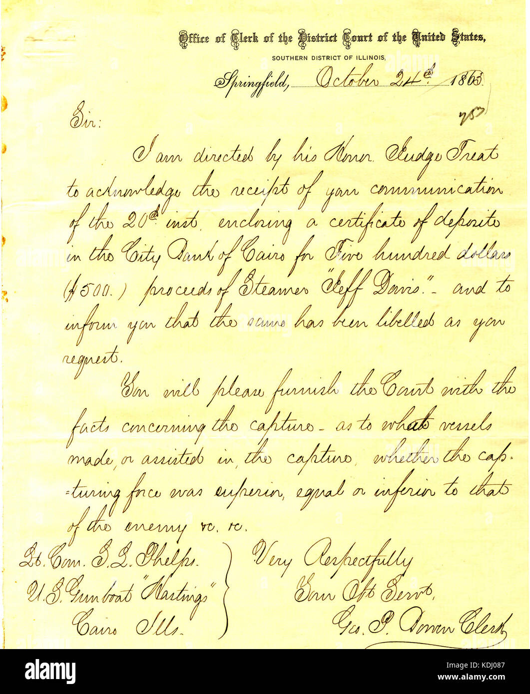 Lettera da George P. Bowen, Springfield, Illinois, a Seth Ledyard Phelps, Cairo, Illinois, 24 Ottobre 1863 Foto Stock