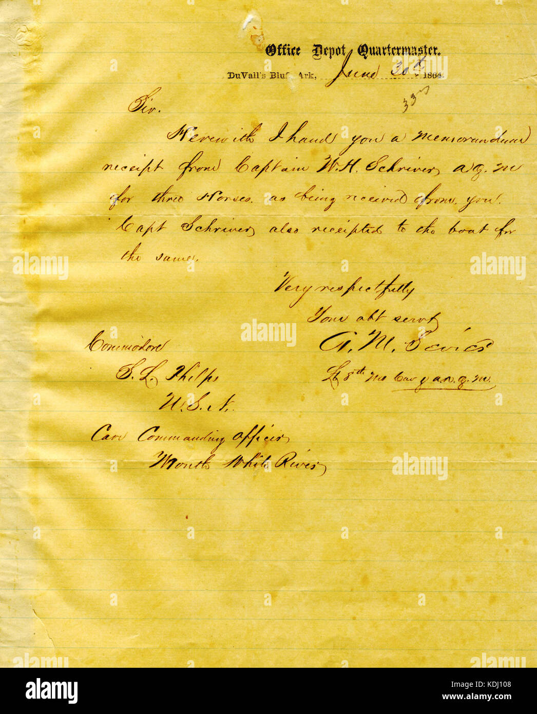 Lettera da A. M. Sevier, Duvall's Bluff, Arkansas, Seth Ledyard Phelps, la bocca del Fiume Bianco, 30 giugno 1864 Foto Stock