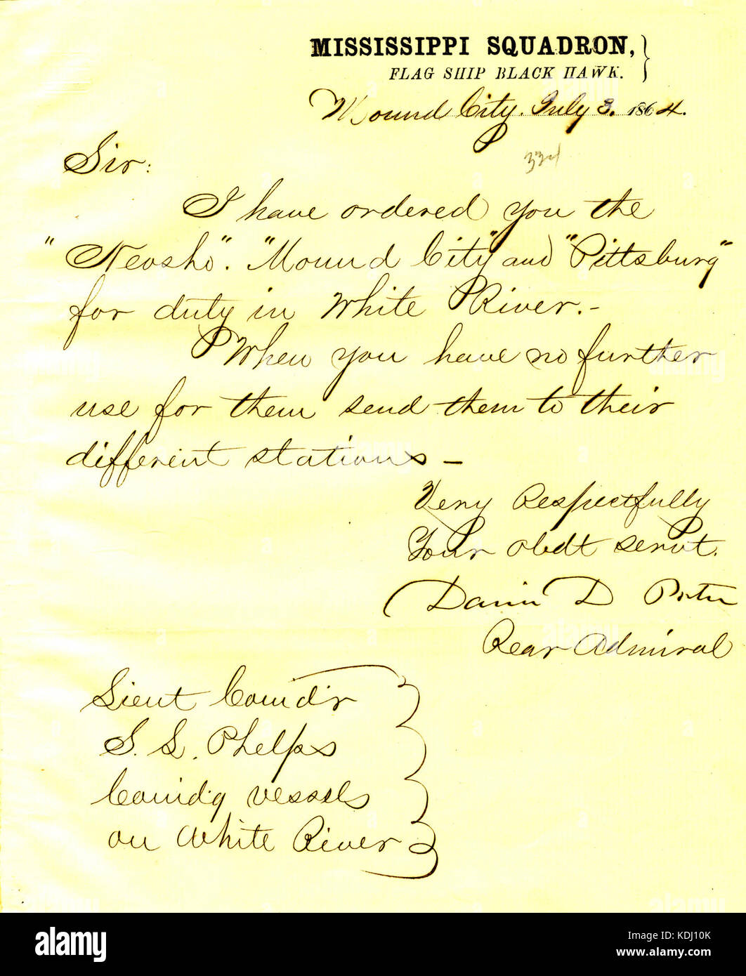 Lettera da David D. Porter, U. S. S. Black Hawk, Mound City, Illinois, a (Seth Ledyard) Phelps, comandando le navi sul Fiume Bianco, 3 Luglio 1864 Foto Stock