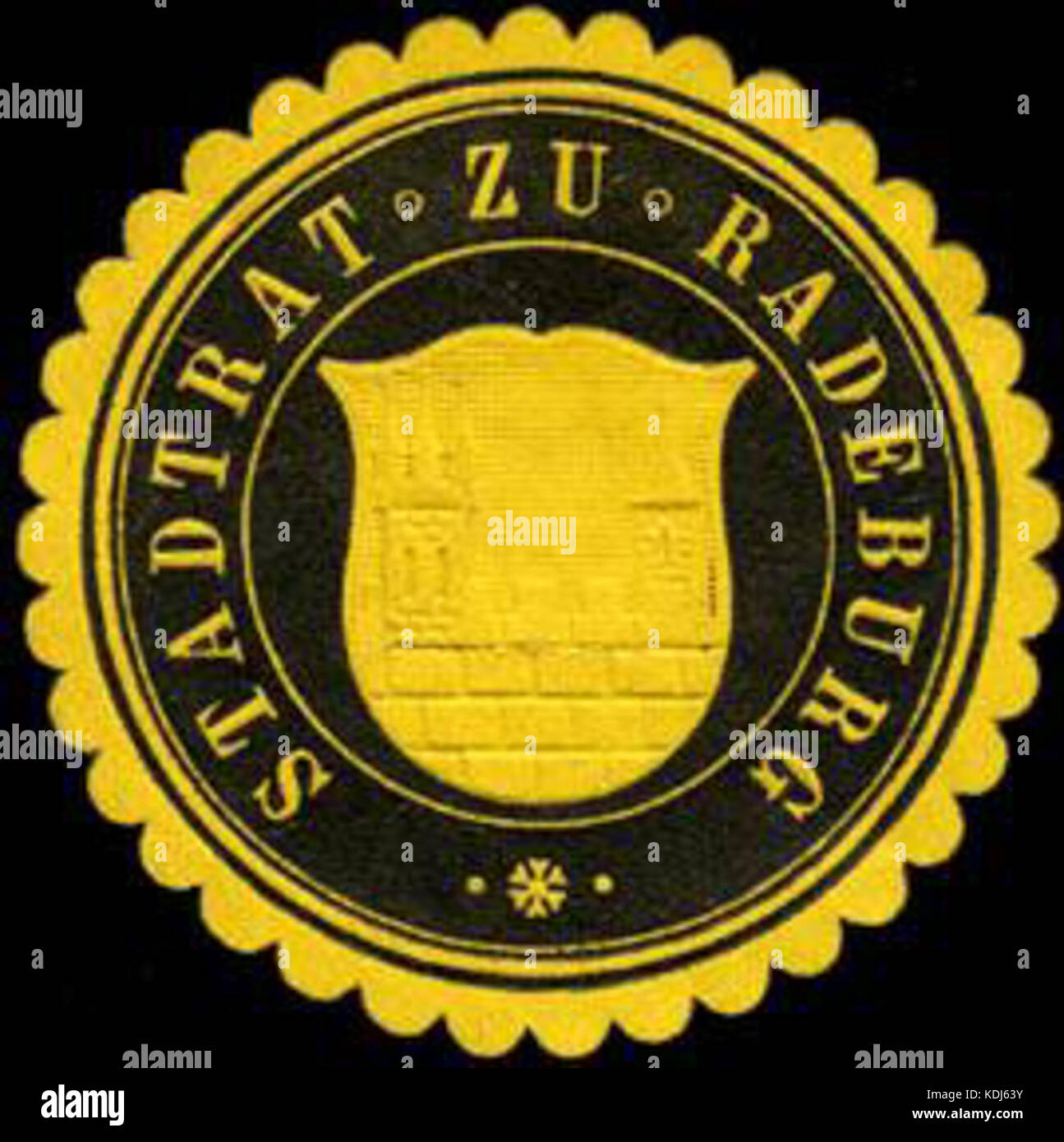 Uno storico Siegelmarke (marchio di sigillo) dello Stadtrat (Consiglio comunale) di Radeburg, che fa parte della storia amministrativa tedesca, utilizzato per i documenti ufficiali e le comunicazioni in passato. Foto Stock