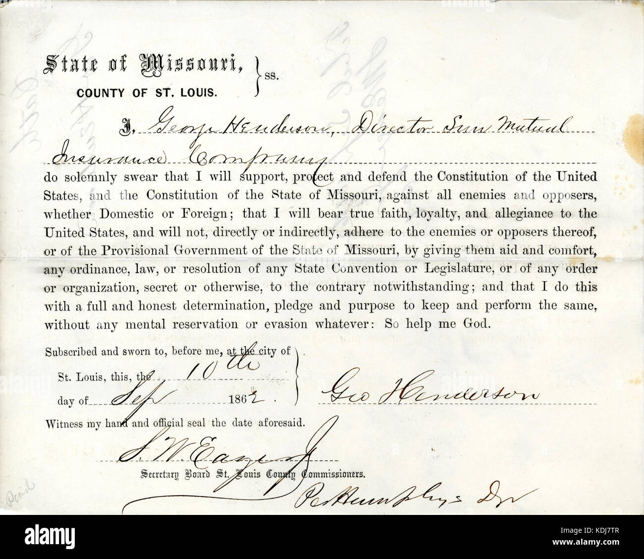 Giuramento di fedeltà di George Henderson del Missouri, nella contea di San Luigi Foto Stock