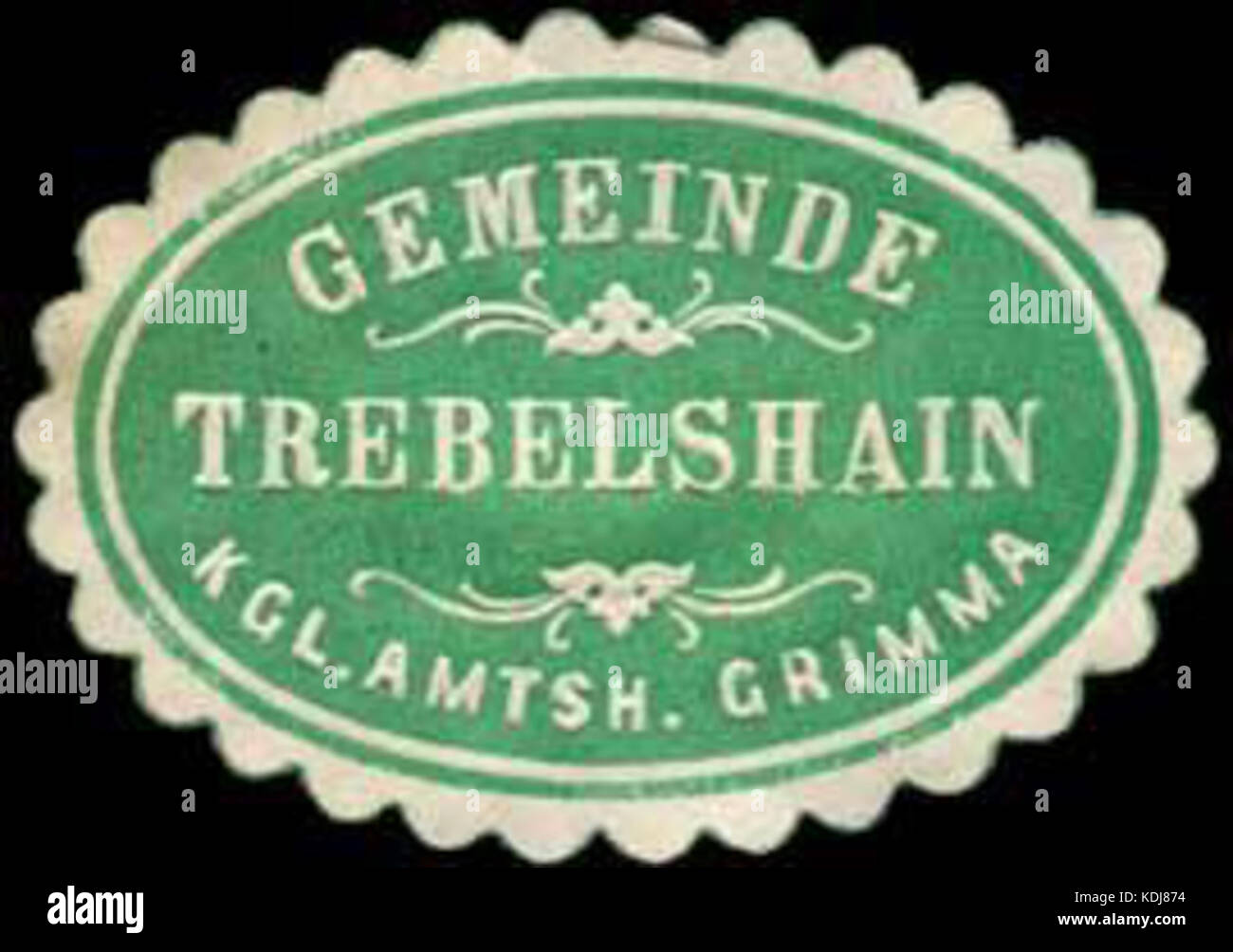 Questo titolo si riferisce a un Siegelmarke (sigillo) del comune di Trebelshain, parte dell'amministrazione distrettuale reale di Grimma. Rappresenta un marchio ufficiale utilizzato a fini amministrativi nella Germania storica. Foto Stock