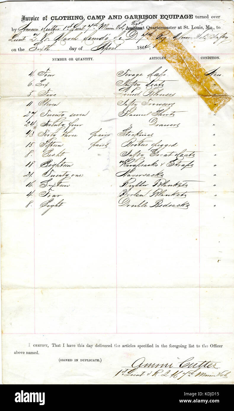 La fattura di un capo di abbigliamento, camp, e guarnigione equipage,  firmato Ammi Cutter, Aprile 6, 1864 Foto stock - Alamy