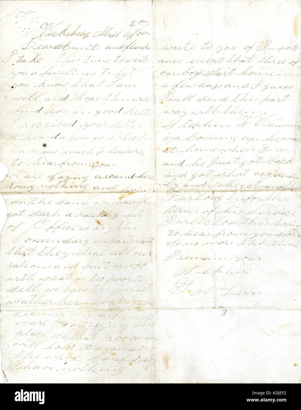 Lettera firmata Thomas Lewis, Vicksburg, Miss., alla sua zia (Elizabeth Martin) e amici, 2 novembre (1863) Foto Stock