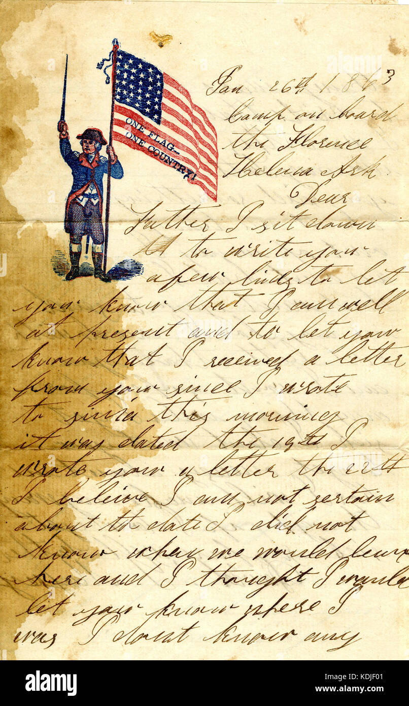 Lettera firmata David T. Massey, camp a bordo della Firenze, Helena, arca. a suo padre (Nathan Massey) e i fratelli, 26 Gennaio 1863 Foto Stock