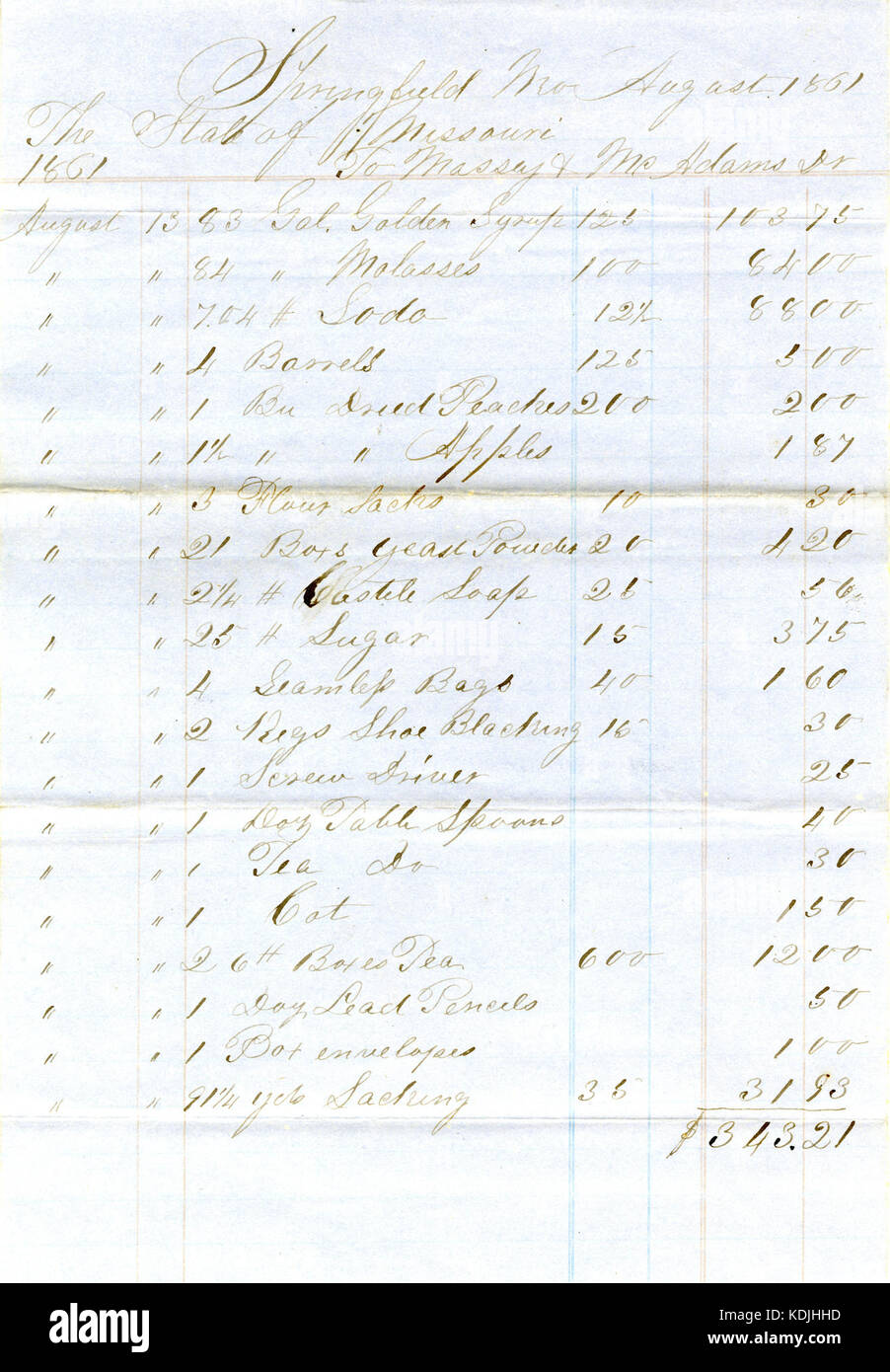 Missouri Stato account di protezione di Massey e McAdams, 13 agosto 1861 Foto Stock