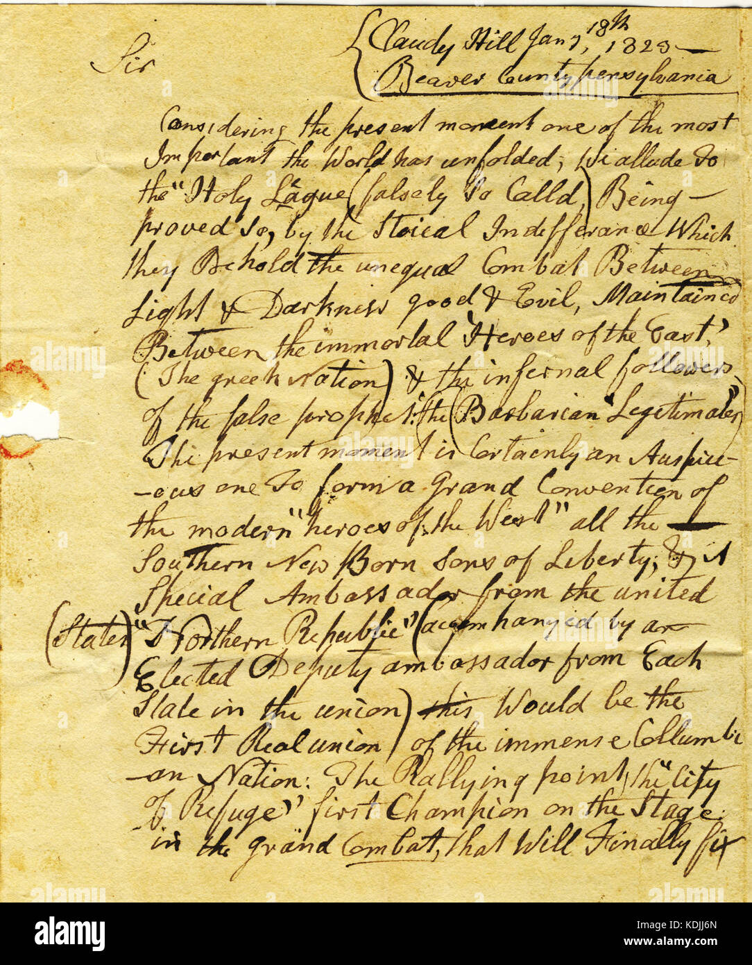 Lettera firmata Hugh Bianco, presidente della Columbian Union Society, Claudy Hill, Beaver County, Pennsylvania, di Thomas Jefferson, Monticello, Virginia, 18 Gennaio 1823 Foto Stock